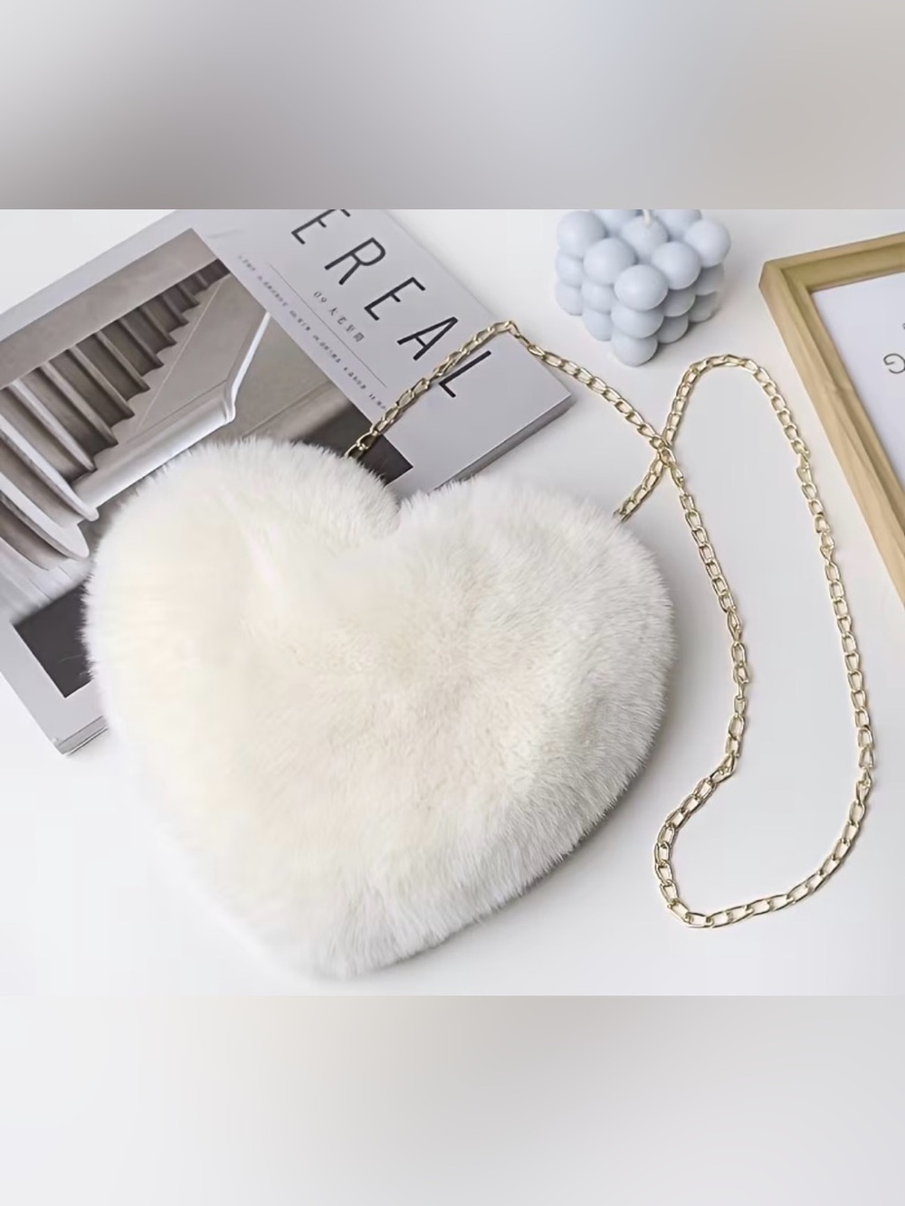 White Heart Faux Fur Crossbody Bag with Gold Chain